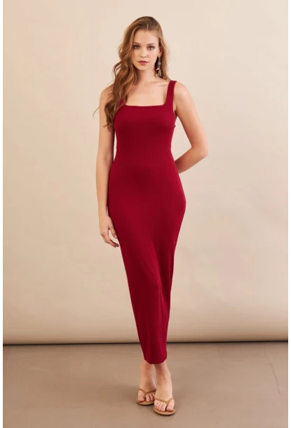 Kadın Bordo Kare Yaka Midi Elbise DMR295-90