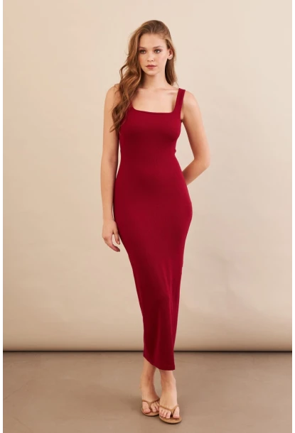 Kadın Bordo Kare Yaka Midi Elbise DMR295-90