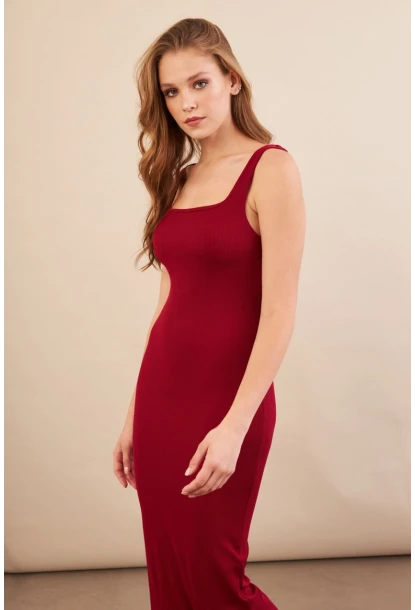 Kadın Bordo Kare Yaka Midi Elbise DMR295-90