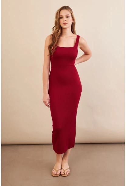 Kadın Bordo Kare Yaka Midi Elbise DMR295-90