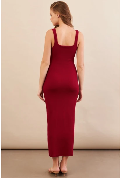 Kadın Bordo Kare Yaka Midi Elbise DMR295-90