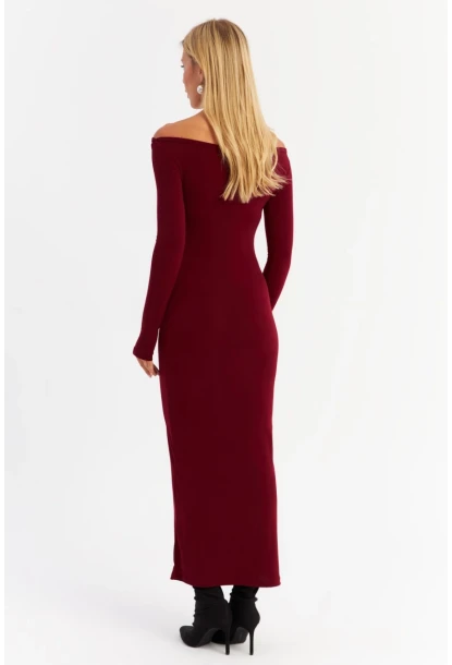 Kadın Bordo Kayık Yaka Maxi Yılbaşı Elbise HOR03