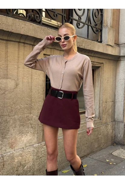 Kadın Bordo Kemerli Şort Etek