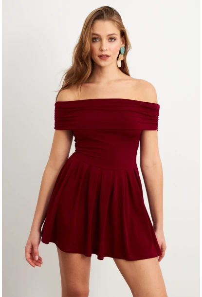 Kadın Bordo Madonna Yaka Midi Elbise MON1262-1