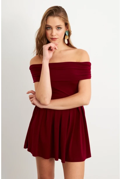 Kadın Bordo Madonna Yaka Midi Elbise MON1262-1