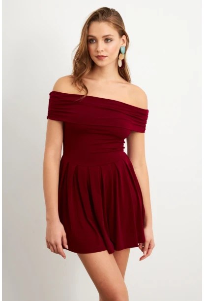 Kadın Bordo Madonna Yaka Midi Elbise MON1262-1