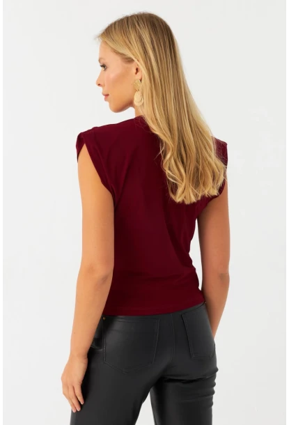 Kadın Bordo Omuzları Vatkalı Degaje Bluz ELT3234