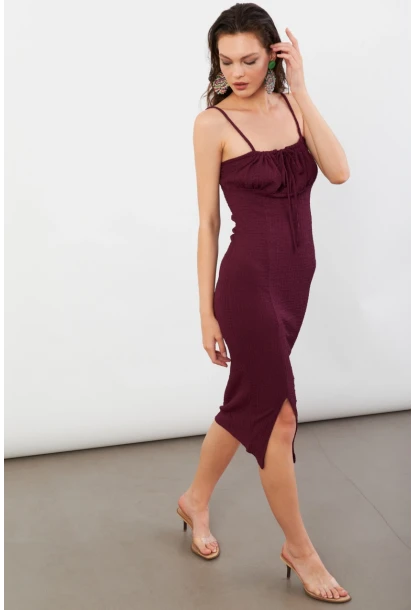 Kadın Bordo Önü Bağlamalı Rustik Midi Elbise FRO2001