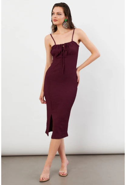 Kadın Bordo Önü Bağlamalı Rustik Midi Elbise FRO2001