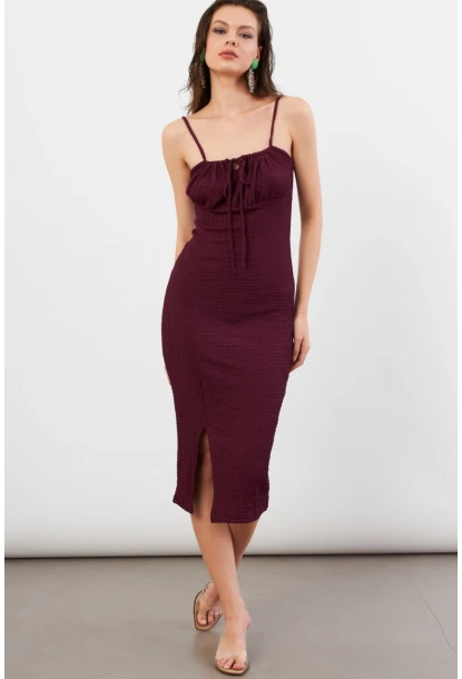 Kadın Bordo Önü Bağlamalı Rustik Midi Elbise FRO2001