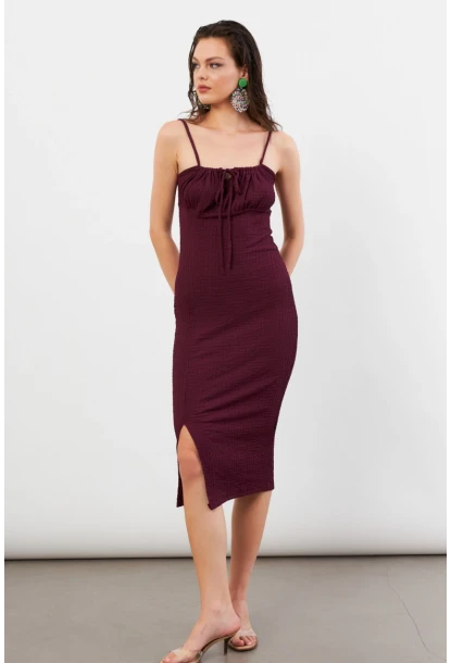 Kadın Bordo Önü Bağlamalı Rustik Midi Elbise FRO2001