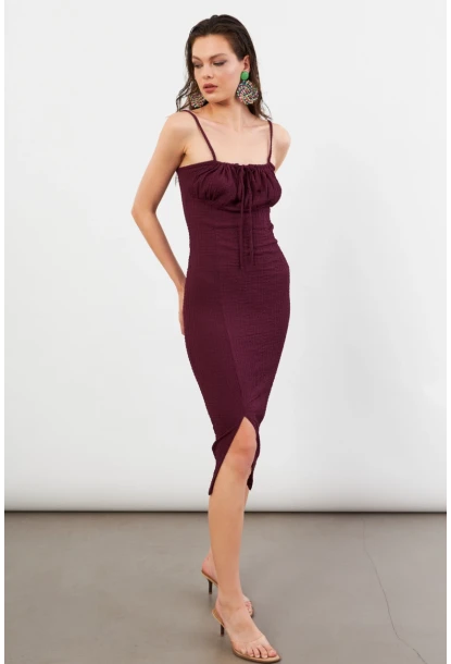 Kadın Bordo Önü Bağlamalı Rustik Midi Elbise FRO2001