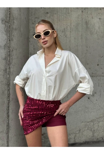 Kadın Bordo Payetli Şortlu Mini Etek