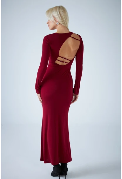 Kadın Bordo Sırt Detaylı Maxi Elbise HO58