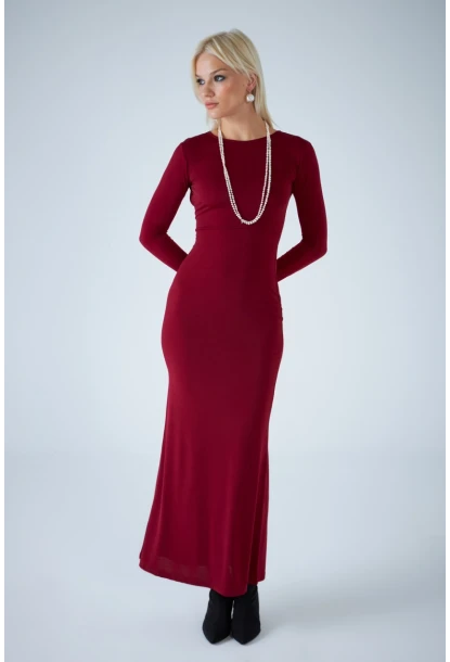 Kadın Bordo Sırt Detaylı Maxi Elbise HO58