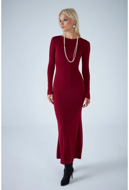 Kadın Bordo Sırt Detaylı Maxi Elbise HO58