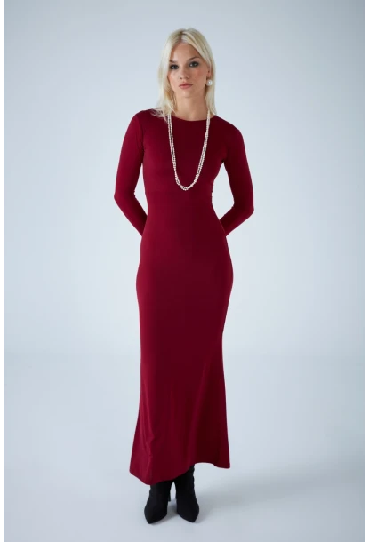 Kadın Bordo Sırt Detaylı Maxi Elbise HO58