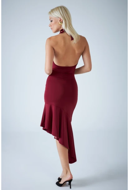 Kadın Bordo Sırtı Açık Aksesuarlı Midi Elbise DCF130