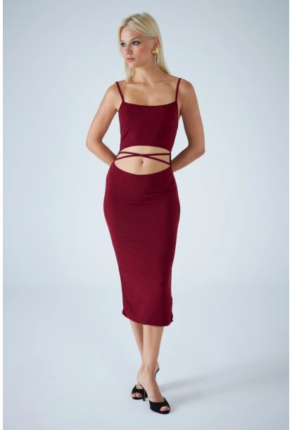 Kadın Bordo Sırtı Açık Pencereli Midi Elbise CEL001