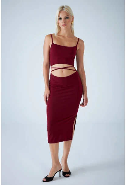 Kadın Bordo Sırtı Açık Pencereli Midi Elbise CEL001