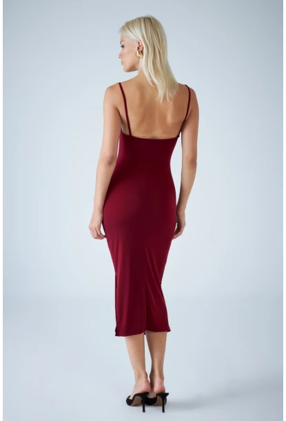 Kadın Bordo Sırtı Açık Pencereli Midi Elbise CEL001