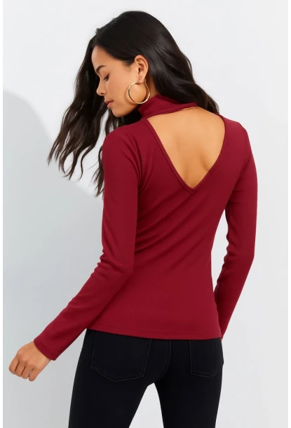 Kadın Bordo Sırtı V Balıkçı Bluz EY1106