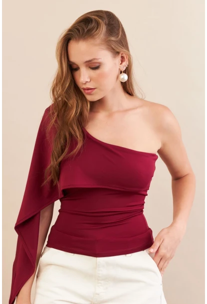 Kadın Bordo Tek Omuz Bluz AN6015