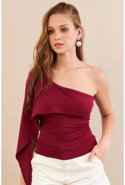 Kadın Bordo Tek Omuz Bluz AN6015