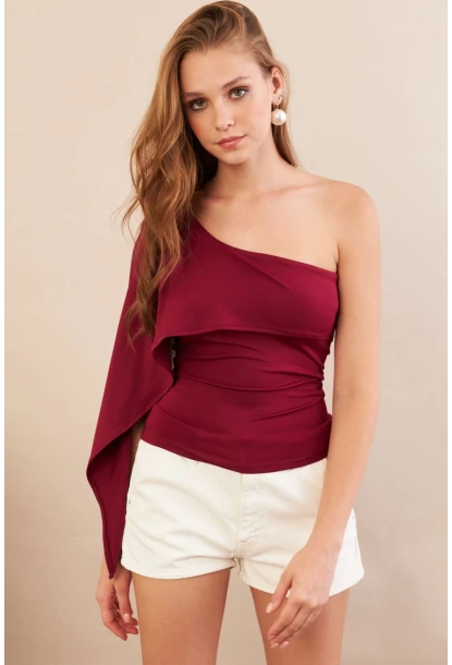 Kadın Bordo Tek Omuz Bluz AN6015