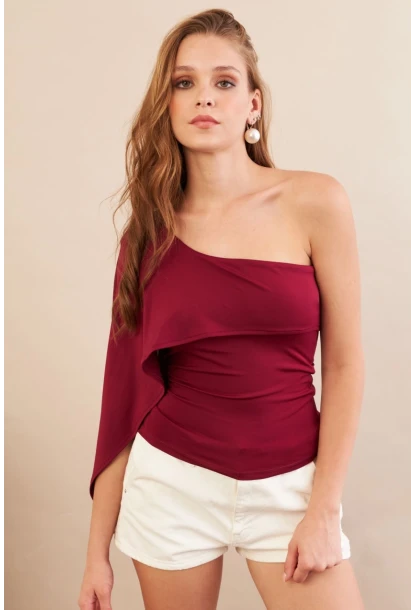 Kadın Bordo Tek Omuz Bluz AN6015