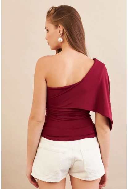 Kadın Bordo Tek Omuz Bluz AN6015