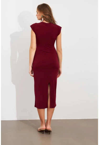 Kadın Bordo Vatkalı Kuşaklı Midi Elbise UG713
