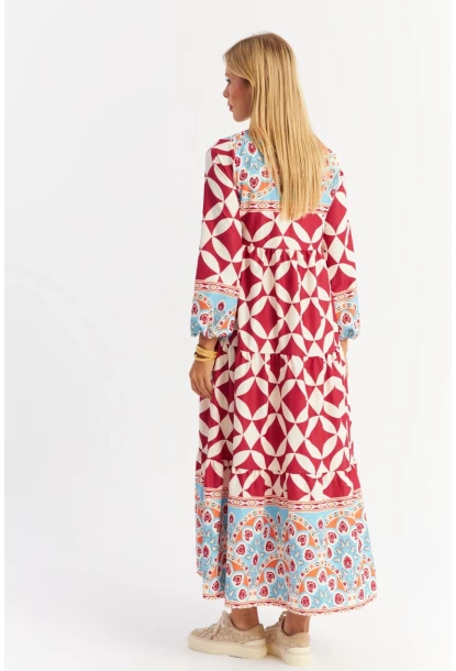 Kadın Bordo Volanlı Desenli Maxi Elbise MYLE14