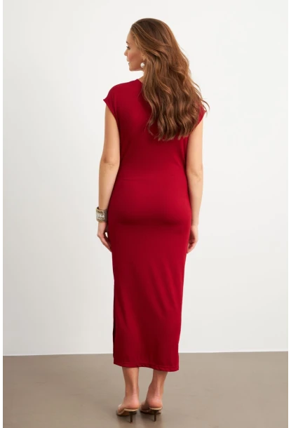 Kadın Bordo Yanları Büzgülü Midi Elbise MK35