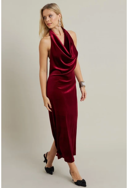 Kadın Bordo Yılbaşı Degaje Yaka Uzun Elbise GÇ197