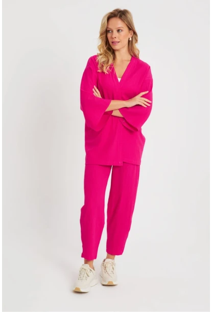 Kadın Bürümcük Kimono Takım Fuşya Q983