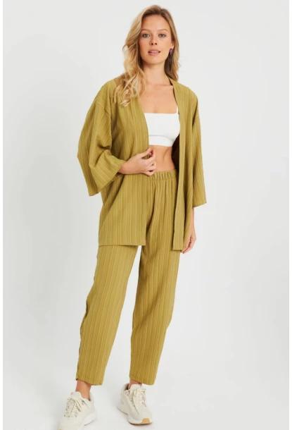 Kadın Bürümcük Kimono Takım Haki Q983