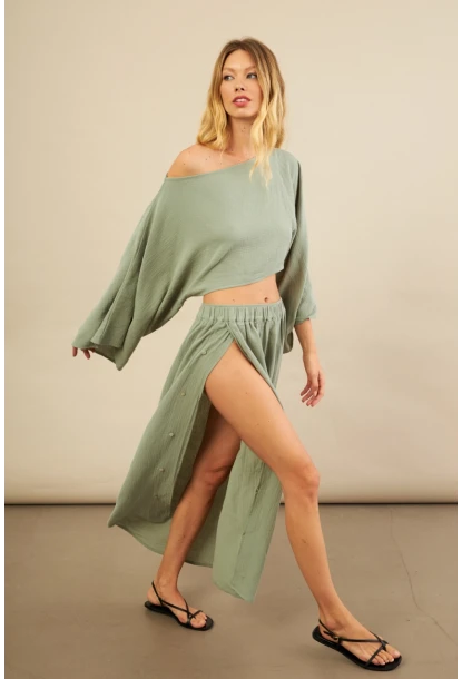 Kadın Çağla Yarasa Kol Crop Müslin Etek Takım BTY104