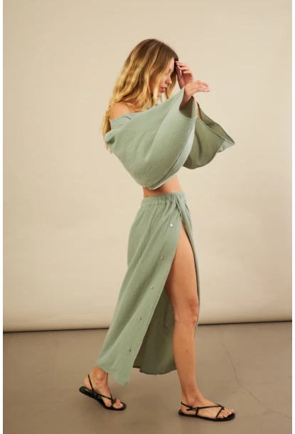 Kadın Çağla Yarasa Kol Crop Müslin Etek Takım BTY104