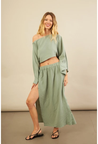 Kadın Çağla Yarasa Kol Crop Müslin Etek Takım BTY104