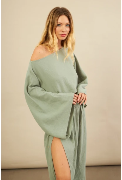 Kadın Çağla Yarasa Kol Crop Müslin Etek Takım BTY104