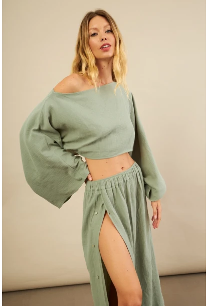 Kadın Çağla Yarasa Kol Crop Müslin Etek Takım BTY104