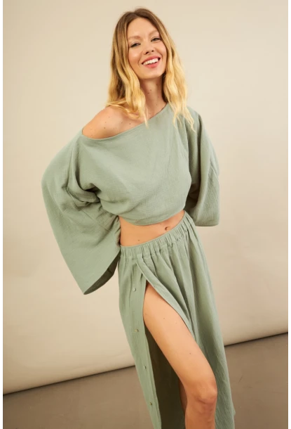 Kadın Çağla Yarasa Kol Crop Müslin Etek Takım BTY104