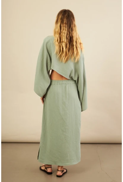 Kadın Çağla Yarasa Kol Crop Müslin Etek Takım BTY104