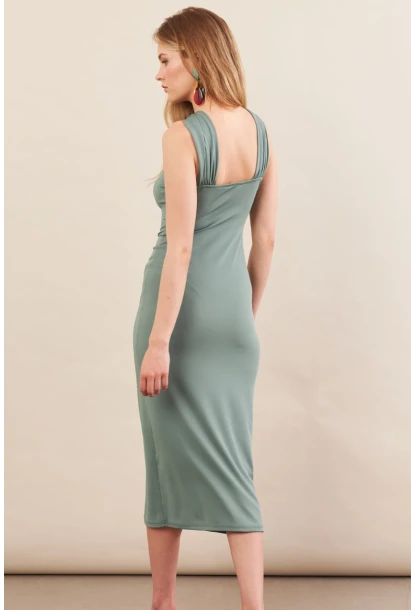 Kadın Çağla Yeşili Aksesuarlı Midi Elbise İRE101
