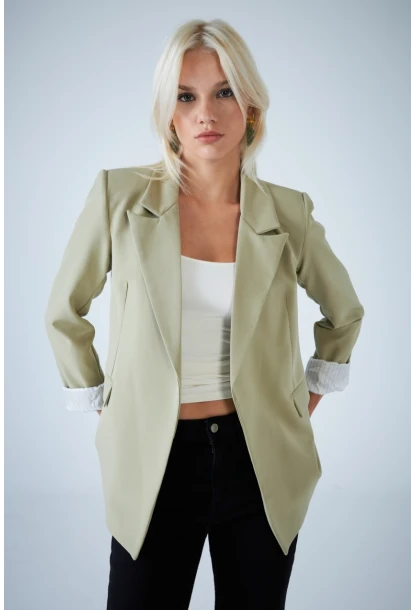 Kadın Çağla Yeşili Çizgi Astarlı Blazer Ceket BES3049