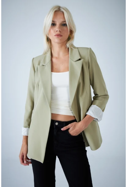 Kadın Çağla Yeşili Çizgi Astarlı Blazer Ceket BES3049