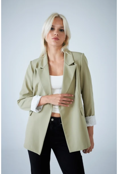 Kadın Çağla Yeşili Çizgi Astarlı Blazer Ceket BES3049