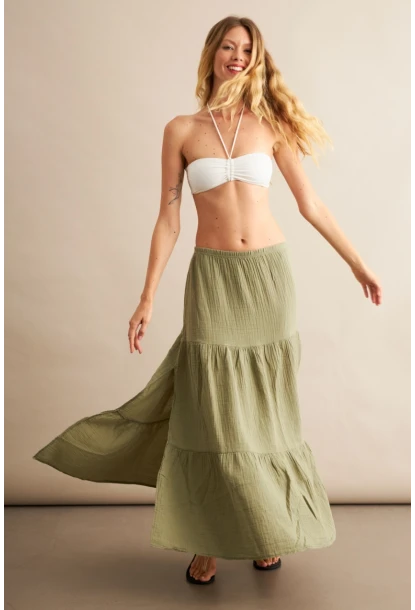 Kadın Çağla Yeşili Yırtmaçlı Müslin Etek ÖM7016