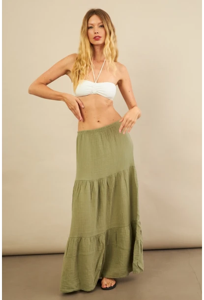Kadın Çağla Yeşili Yırtmaçlı Müslin Etek ÖM7016